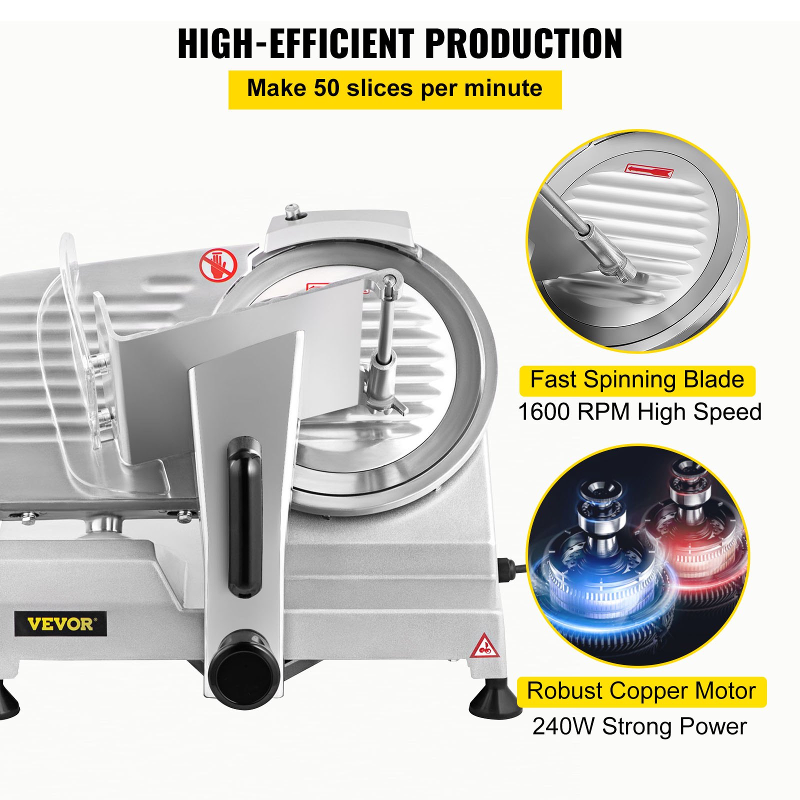 VEVOR Meat Slicer 1200RPM, Commercial Meat Slicer with 8'' Chromium-Plated Steel Blade, 240W Electric Deli Food Slicer, 0-12mm Adjustable Thickness Food Slicer Machine for Home & Commercial Use