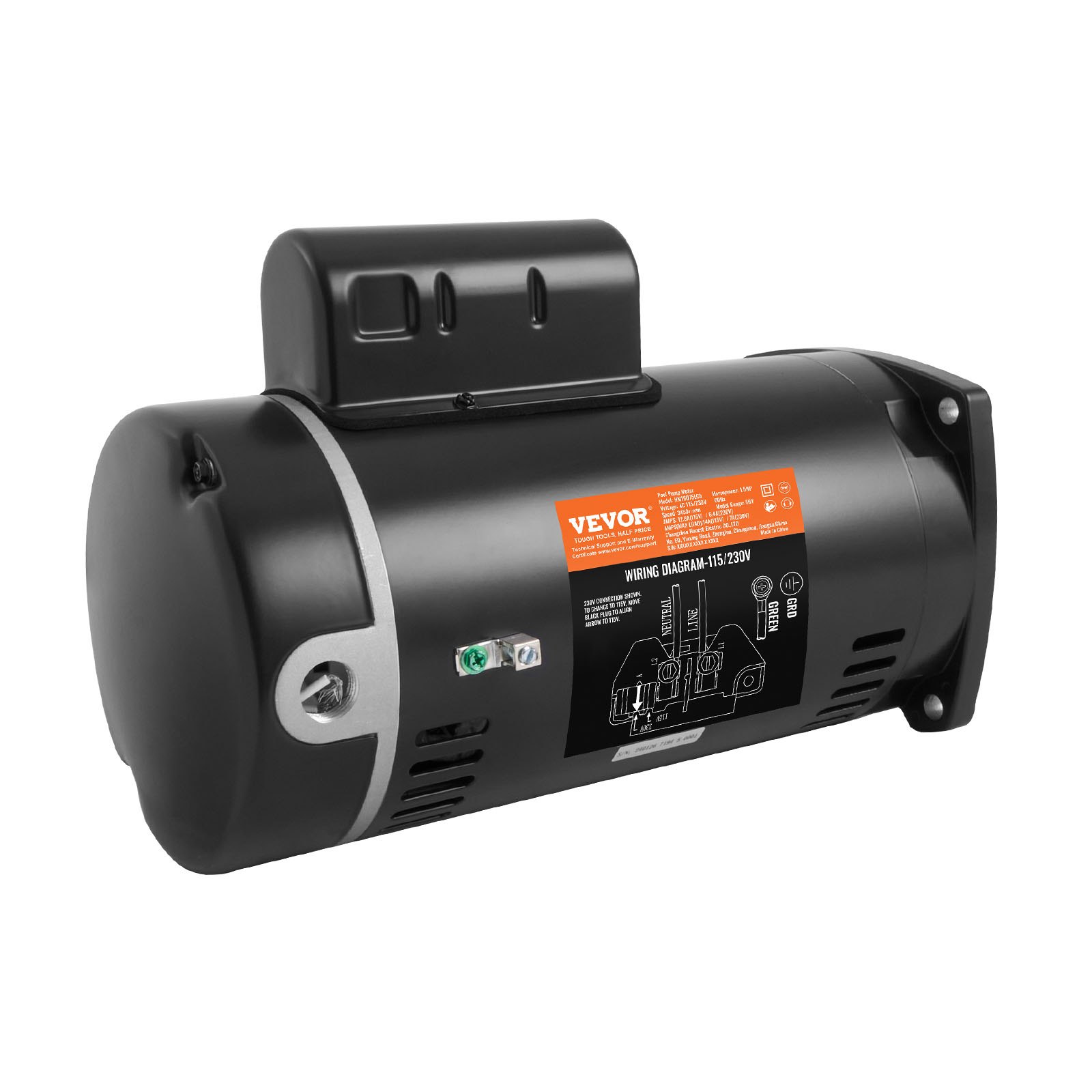 VEVOR 1.5 HP Pool Pump Motor, 56Y Frame, 115V((12.8 Amps))/230V(6.4 Amps) 3450 RPM, 60Hz, 1.1 Service Factor, 90μF/250V Capacitor, CCW Rotation Square Flange Replacement Motor