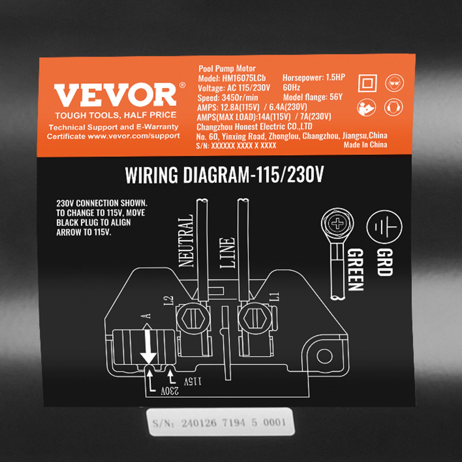 VEVOR 1.5 HP Pool Pump Motor, 56Y Frame, 115V((12.8 Amps))/230V(6.4 Amps) 3450 RPM, 60Hz, 1.1 Service Factor, 90μF/250V Capacitor, CCW Rotation Square Flange Replacement Motor