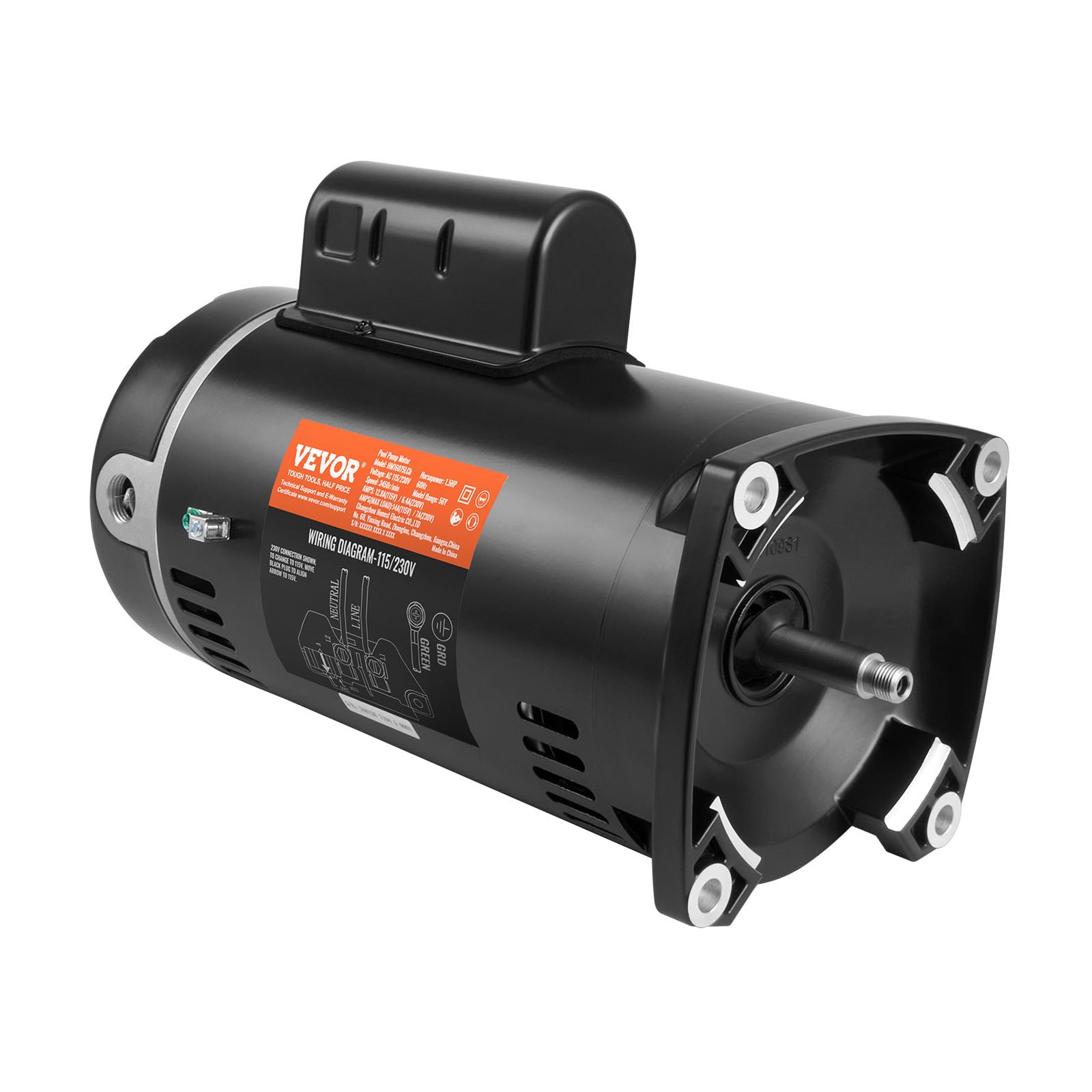 VEVOR 1.5 HP Pool Pump Motor, 56Y Frame, 115V((12.8 Amps))/230V(6.4 Amps) 3450 RPM, 60Hz, 1.1 Service Factor, 90μF/250V Capacitor, CCW Rotation Square Flange Replacement Motor