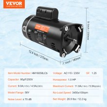 VEVOR 1HP Motor pompa de piscina 115/230V 9/4.5 Amperi 56Y 3450RPM 90μF/250V Condensator