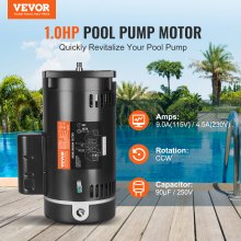 VEVOR 1 HP Pool Pump Motor, 56Y Frame, 115V(9 Amps)/230V(4.5 Amps) 3450RPM, 60Hz, 1.25 Service Factor, 90μF/250V Capacitor, CCW Rotation Square Flange Replacement Motor