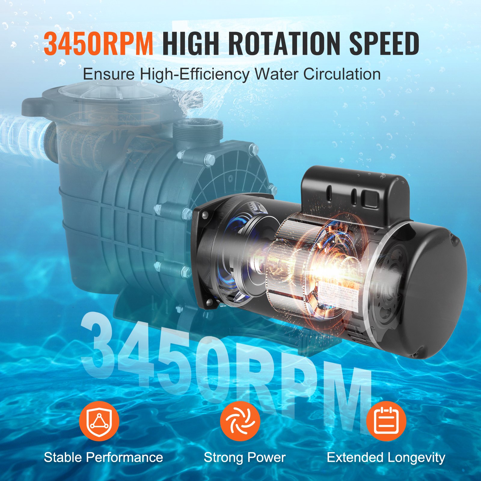 VEVOR 1 HP Pool Pump Motor, 56Y Frame, 115V(9 Amps)/230V(4.5 Amps) 3450RPM, 60Hz, 1.25 Service Factor, 90μF/250V Capacitor, CCW Rotation Square Flange Replacement Motor