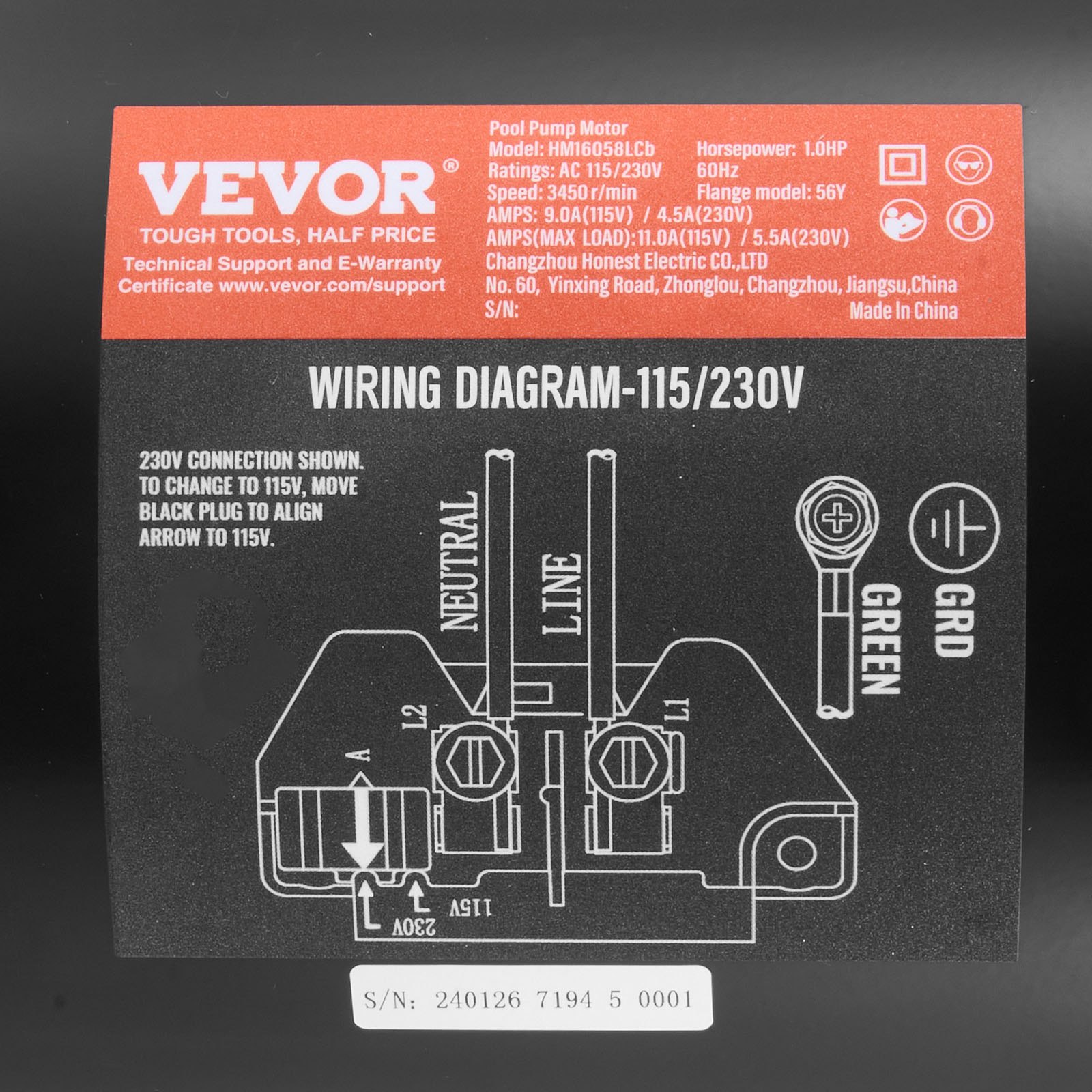 VEVOR 1 HP Pool Pump Motor, 56Y Frame, 115V(9 Amps)/230V(4.5 Amps) 3450RPM, 60Hz, 1.25 Service Factor, 90μF/250V Capacitor, CCW Rotation Square Flange Replacement Motor