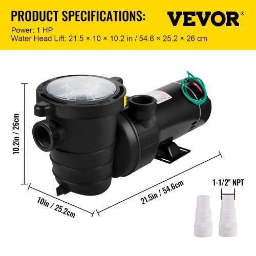 VEVOR Swimming Pool Pump, 1HP 110V 5220GPH Powerful Self-priming Up to 36ft Head Lift, for In/Above Ground Pool Water Circulation, w/ Strainer Basket and 2pcs 1-1/2'' NPT Connectors, UL Certified