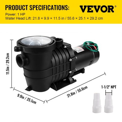 VEVOR Swimming Pool Pump 1HP, Dual Voltage 110V 220V, 5544GPH, Powerful Self-priming Pump for In/Above Ground Pool Water Circulation, w/ Strainer Basket, 2pcs 1-1/2'' NPT Connectors, UL Certified