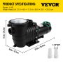 VEVOR swimming pool pump, 1 hp, with measurements and specifications.