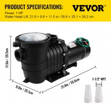 Swimming Pool Pump 1HP, Dual Voltage 110V 220V, 5544GPH, Powerful Pump for Above Ground Pool Water Circulation, with Strainer Basket, 2pcs 1-1/2'' NPT Connectors Tested to UL Standards