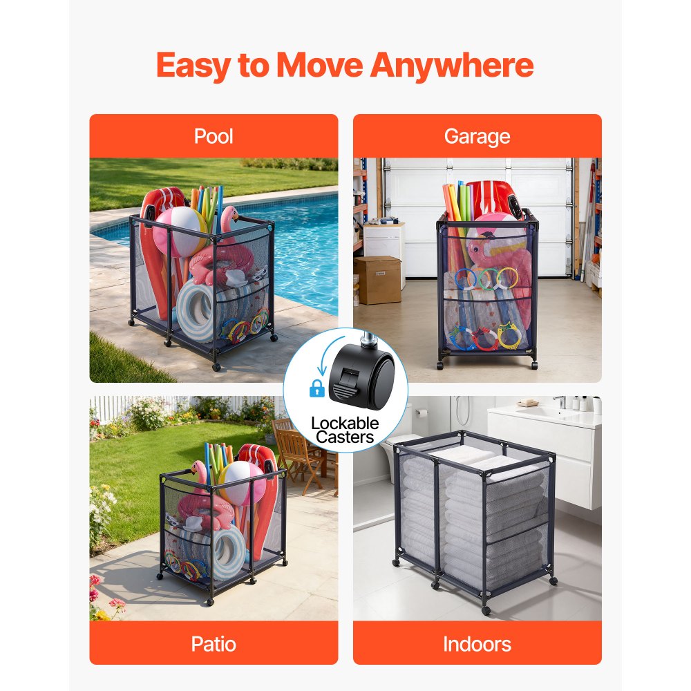 VEVOR Pool Storage Bin, 93.5 x 61 x 90.4 cm, Rolling Pool Float Storage Organizer with Side Pockets & Casters, Heavy Duty Metal Frame, Poolside Toys Noodles Holder Mesh Basket for Swimming Pools