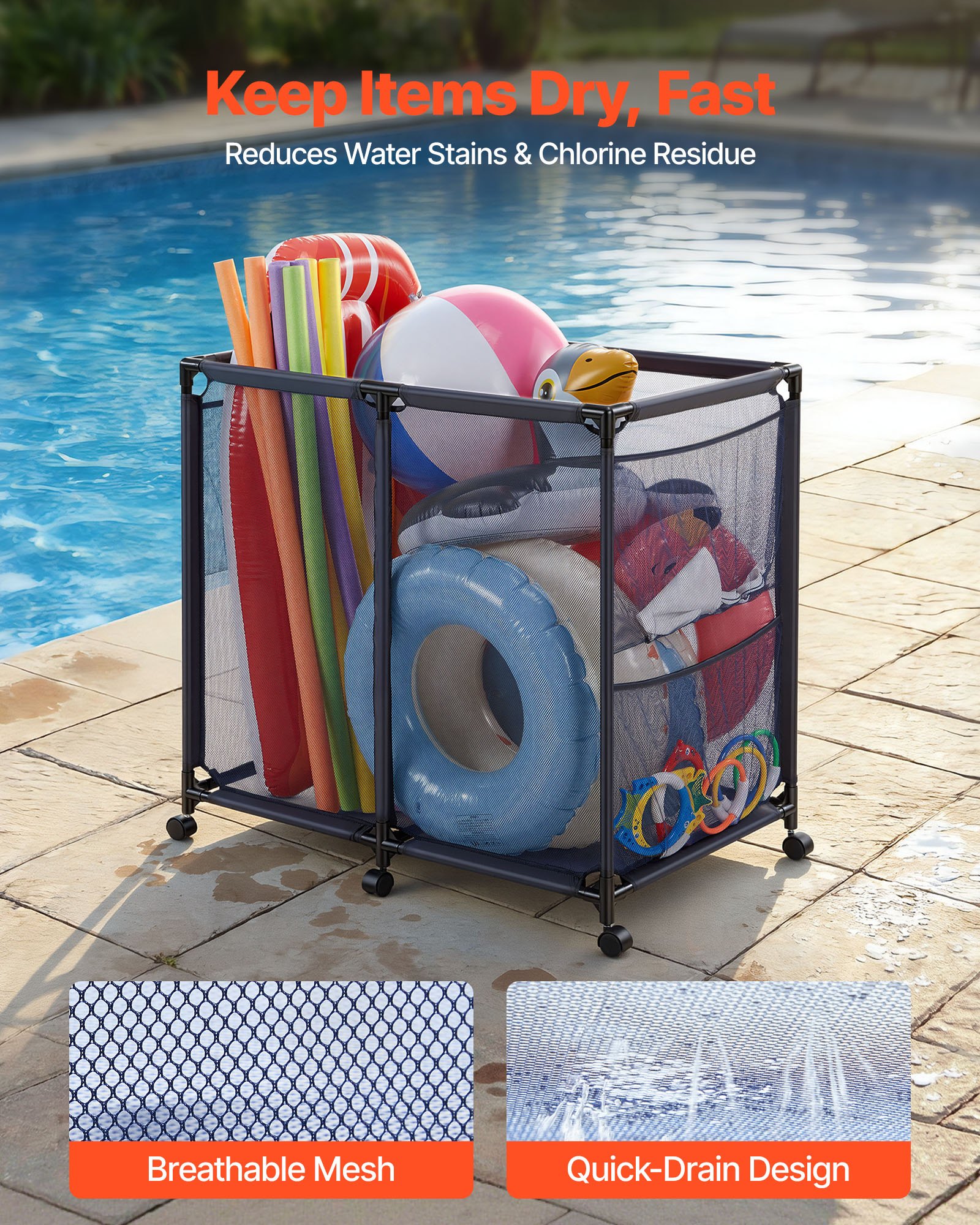 VEVOR Pool Storage Bin, 93.5 x 61 x 90.4 cm, Rolling Pool Float Storage Organizer with Side Pockets & Casters, Heavy Duty Metal Frame, Poolside Toys Noodles Holder Mesh Basket for Swimming Pools