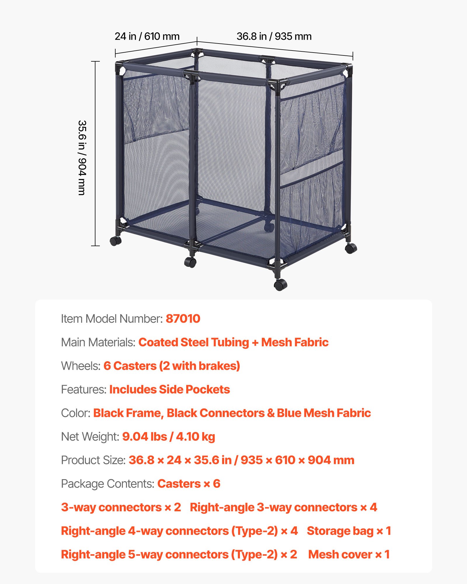 VEVOR Pool Storage Bin, 93.5 x 61 x 90.4 cm, Rolling Pool Float Storage Organizer with Side Pockets & Casters, Heavy Duty Metal Frame, Poolside Toys Noodles Holder Mesh Basket for Swimming Pools