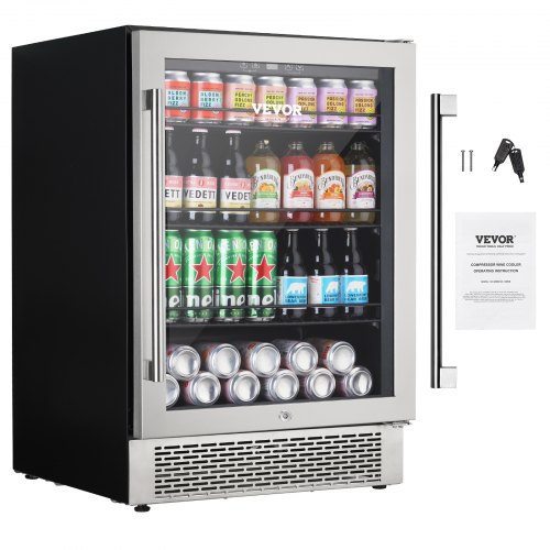 VEVOR Beverage Cooler, 154 Cans Capacity Beverage Refrigerator, Under Counter Built-in or Freestanding Wine Beverage Fridge with Blue LED Light, Tempered Glass Door, Child Lock for Drink Soda Wine
