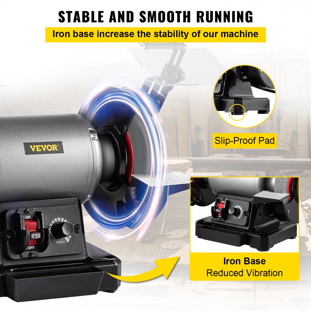 VEVOR 6 inch Bench Grinder, 250W 1/3 HP Motor, Variable-Speed Benchtop Grinder with 3400 RPM and Work Light, Two Types Wheels for Grinding, Sharping and Smoothing