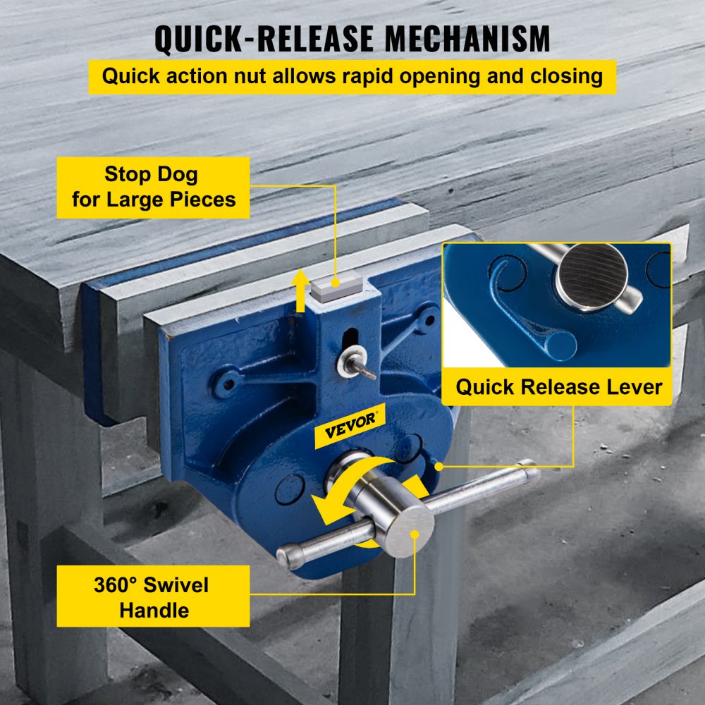 VEVOR Woodworking Vise, 7 Inch Woodworking Bench Vise Heavy-Duty Cast Iron Wood Working Vise, Quick Release Woodworker's Vise 8" Jaw Opening, Front Screw Vise for Woodworking, Cutting, and Drilling