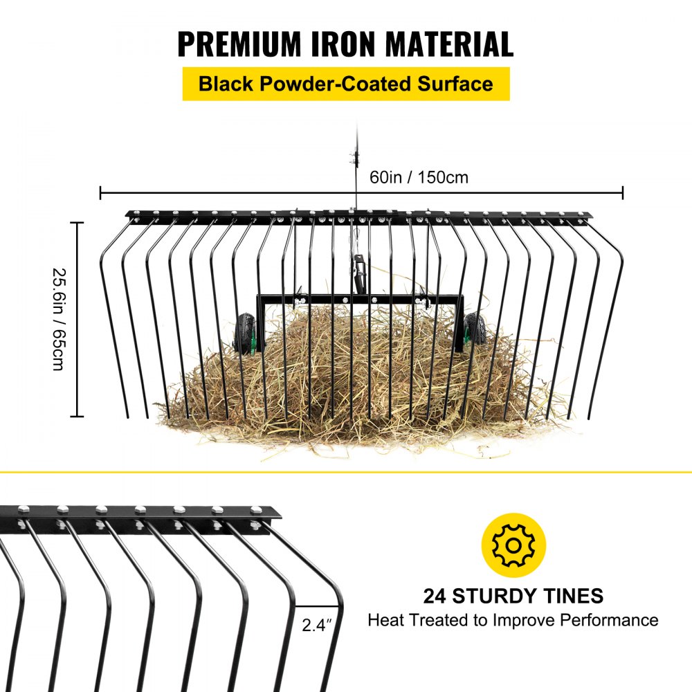 Vevor Pine Straw Rake Landscape Rake 60" For Atv Utv Utility Tractor W/ Wheels