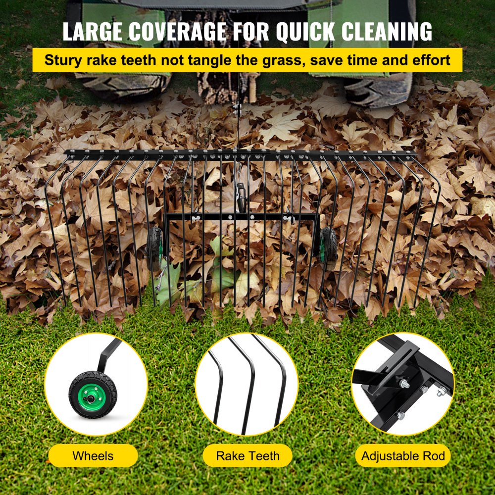 Vevor Pine Straw Rake Landscape Rake 60" For Atv Utv Utility Tractor W/ Wheels