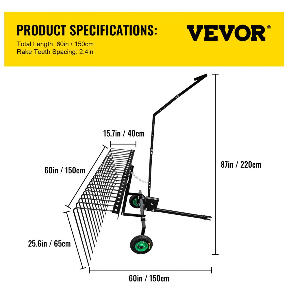 Vevor Pine Straw Rake Landscape Rake 60" For Atv Utv Utility Tractor W/ Wheels