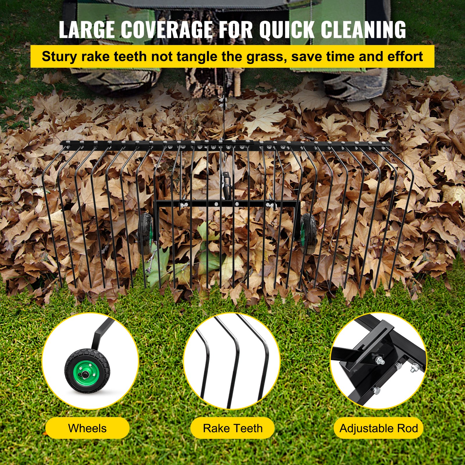 Vevor Pine Straw Rake Landscape Rake 60" For Atv Utv Utility Tractor W/ Wheels
