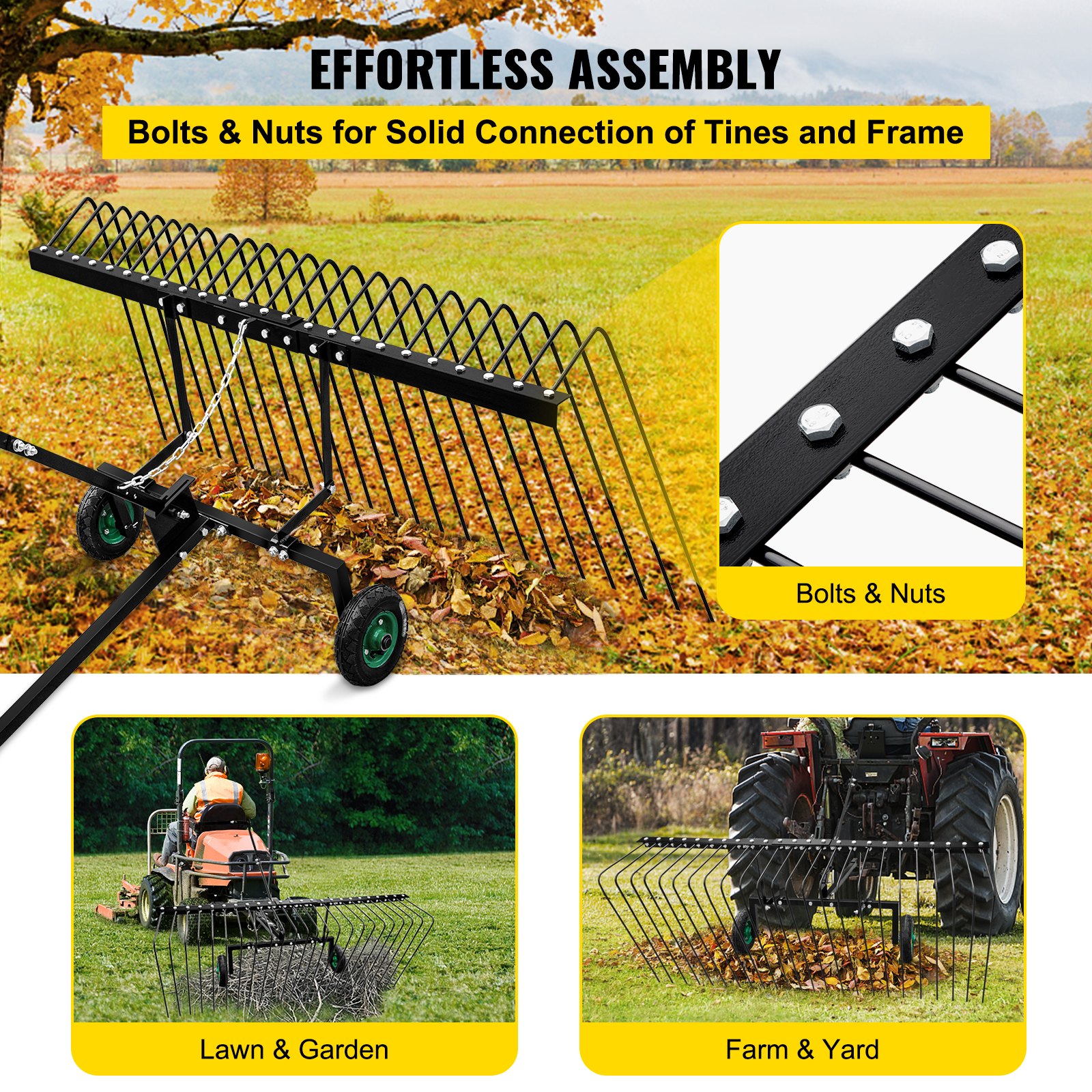 Vevor Pine Straw Rake Landscape Rake 60" For Atv Utv Utility Tractor W/ Wheels