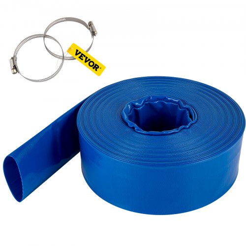 VEVOR Discharge Hose, 3" x 105', PVC Fabric Lay Flat Hose, Heavy Duty Backwash Drain Hose with Clamps, Weather-proof & Burst-proof, Ideal for Swimming Pool & Water Transfer, Blue