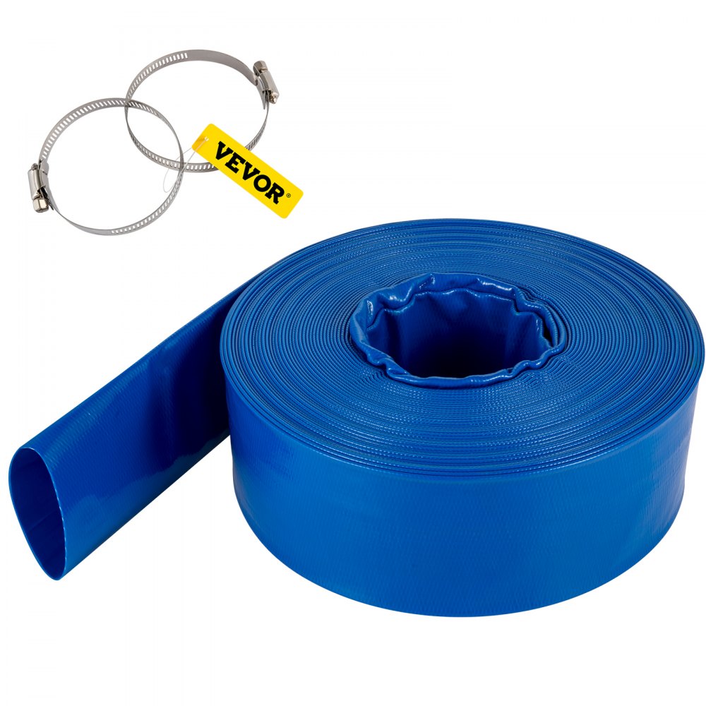 Tuyau de décharge VEVOR, 4 "x 105', tuyau plat en PVC, tuyau de vidange de lavage à contre-courant robuste avec pinces, résistant aux intempéries et à l'éclatement, idéal pour la piscine et le transfert d'eau, bleu