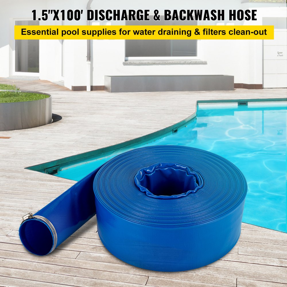 VEVOR Discharge Hose, 38 mm x 32 m, PVC Fabric Lay Flat Hose, Heavy Duty Backwash Drain Hose with Clamps, Weather-proof & Burst-proof, Ideal for Swimming Pool & Water Transfer, Blue