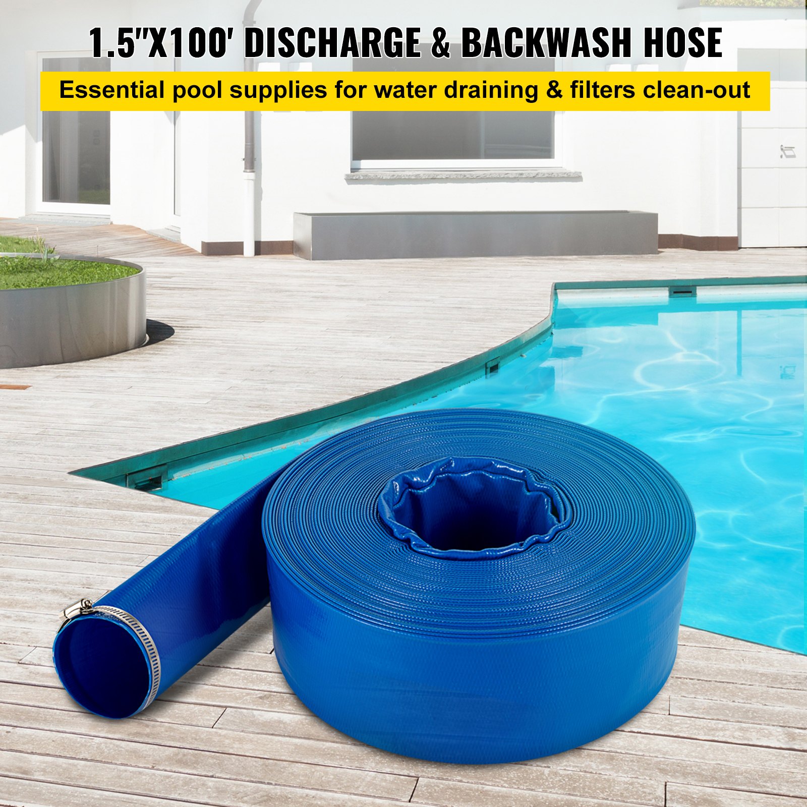 VEVOR Discharge Hose, 38 mm x 32 m, PVC Fabric Lay Flat Hose, Heavy Duty Backwash Drain Hose with Clamps, Weather-proof & Burst-proof, Ideal for Swimming Pool & Water Transfer, Blue