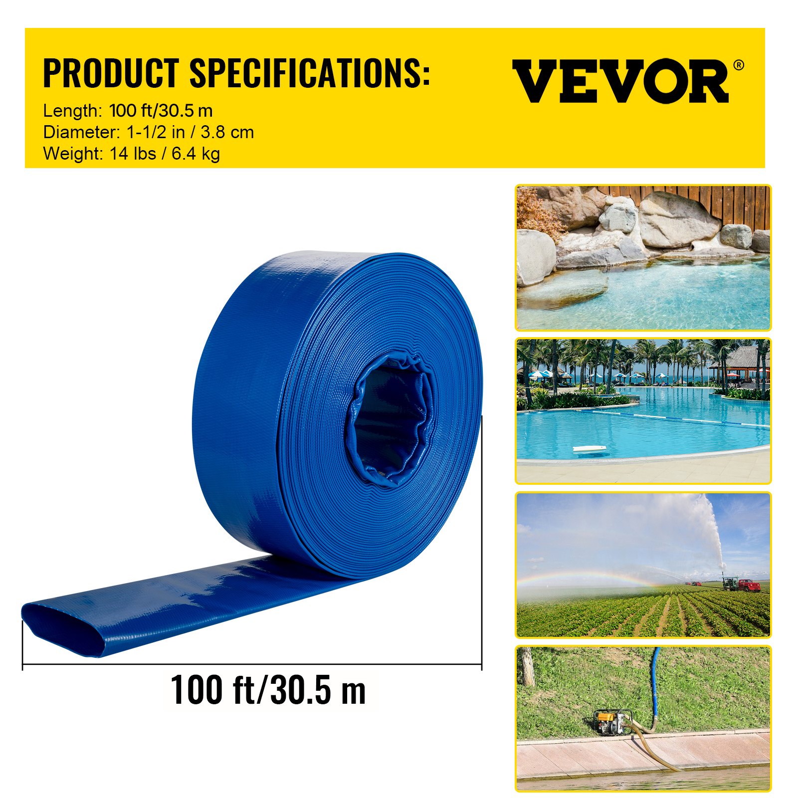 VEVOR Discharge Hose, 38 mm x 32 m, PVC Fabric Lay Flat Hose, Heavy Duty Backwash Drain Hose with Clamps, Weather-proof & Burst-proof, Ideal for Swimming Pool & Water Transfer, Blue