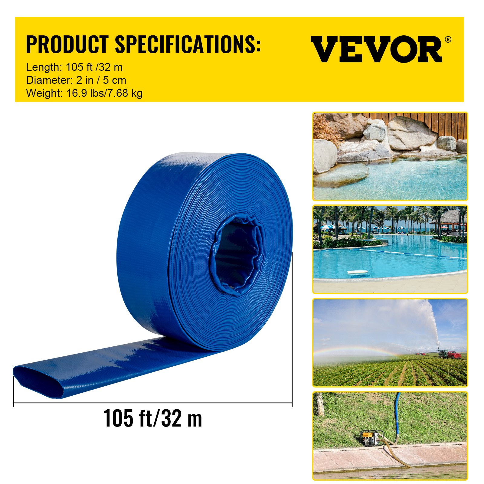 VEVOR Discharge Hose, 51 mm x 32 m, PVC Fabric Lay Flat Hose, Heavy Duty Backwash Drain Hose with Clamps, Weather-proof & Burst-proof, Ideal for Swimming Pool & Water Transfer, Blue