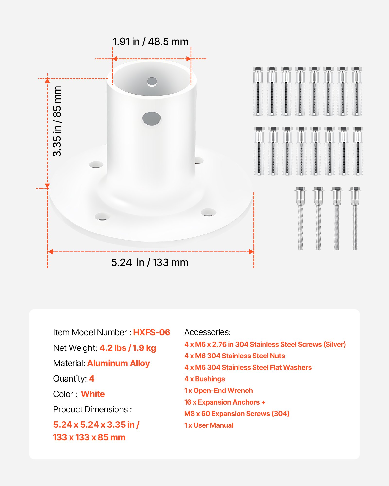 VEVOR Deck Anchor Flange 4 Pack, 1-7/8 in Pool Ladder Deck Mount, Handrail Anchor with Stainless Steel Mounting Hardware, Premium Aluminum Alloy Flange for Inground Swimming Pool Ladder, White
