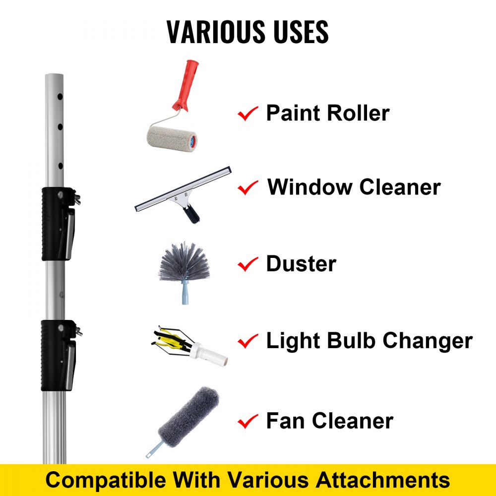 VEVOR Extension Pole, 15 ft Telescoping Pole, Multi-Purpose Telescopic Poles, Aluminum Extendable Handle, Paint Roller Extension Pole for Painting Window Cleaning High Ceiling Dusting Bulb Changing