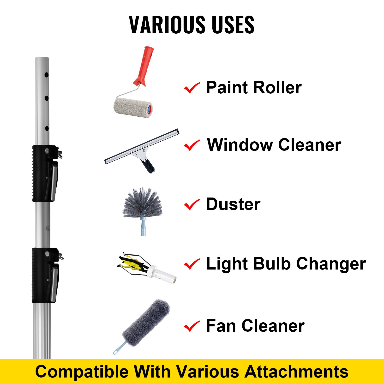 VEVOR Extension Pole, 15 ft Telescoping Pole, Multi-Purpose Telescopic Poles, Aluminum Extendable Handle, Paint Roller Extension Pole for Painting Window Cleaning High Ceiling Dusting Bulb Changing