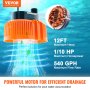 VEVOR Bomba automática para cubierta de piscina, 1/10 HP 75 W 540 GPH, bomba sumergible para cubierta de piscina de 120 V, bomba de extracción de agua con 3 adaptadores de manguera, manguera de drenaje de 16 pies y cable de alimentación de 25 pies, para drenaje de piscina