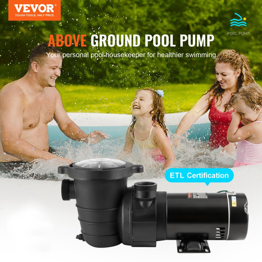 VEVOR Above Ground Pool Pump, 1HP, 80 GPM Max. Flow Single Speed Swimming Pool Pump, 120V 3450 RPM 36 ft Max. Head Lift Pool Pump with Filter Basket, for Above Ground Pools Hot Tubs Spas