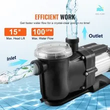 VEVOR Above Ground Swimming Pool Pump Single Speed 1.5 HP 100 GPM 2850RPM UL