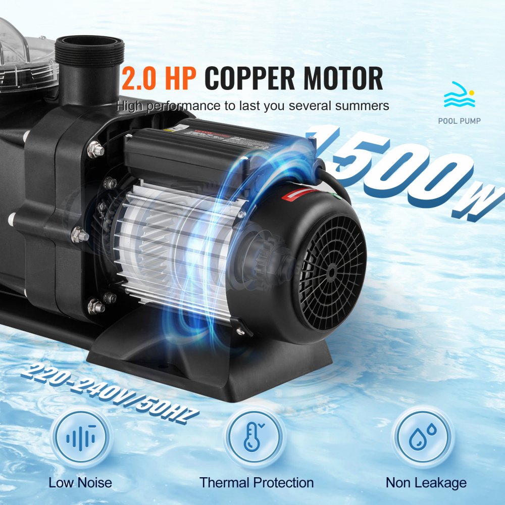 VEVOR Above Ground Pool Pump, 1491W(2 HP), 435 L/min(115 GPM) Max. Flow Single Speed Swimming Pool Pump, 220V 2850RPM 15M Max. Head Lift Pool Pump with Filter Basket, for Above Ground Pools Hot Tubs Spas, UL Certified