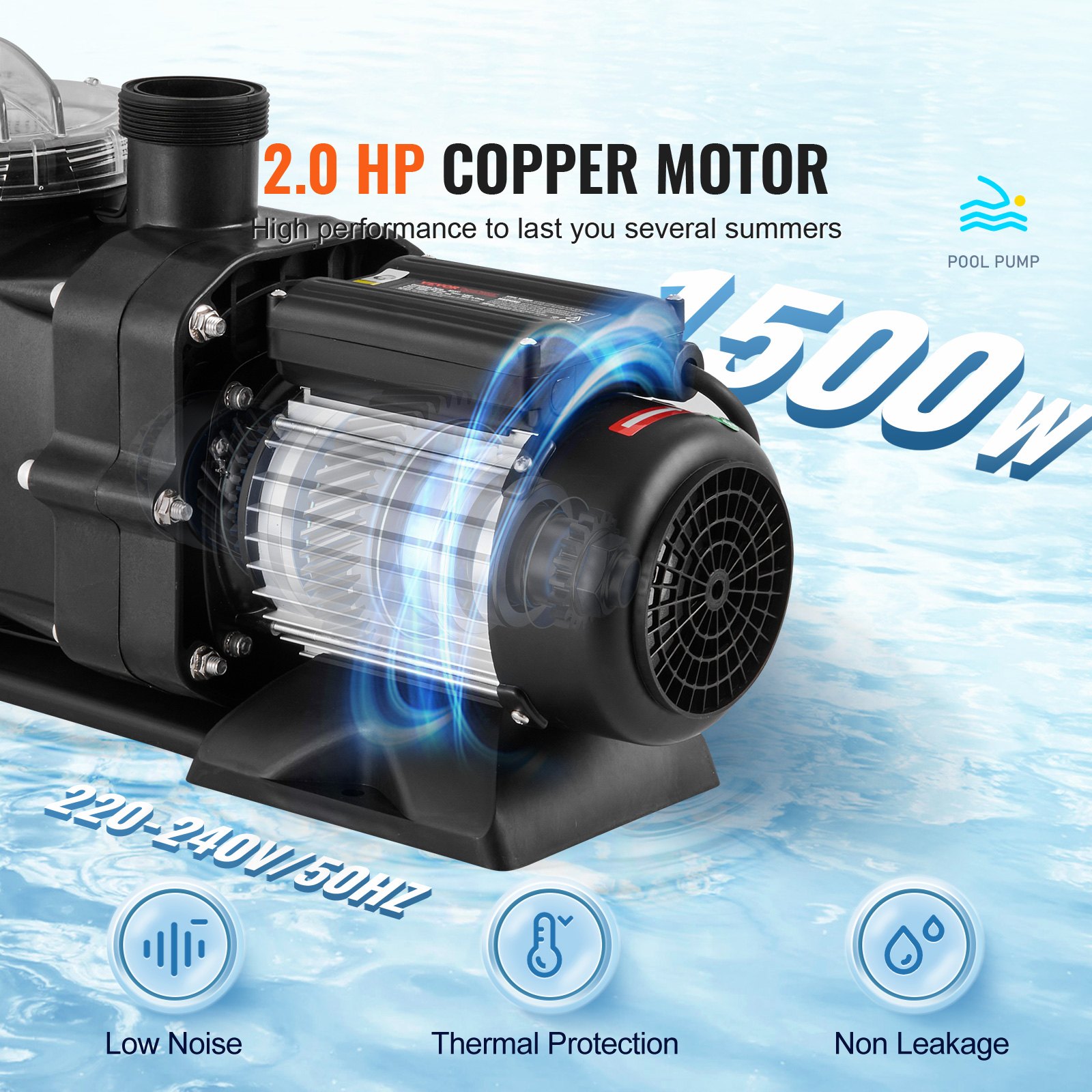 VEVOR Above Ground Pool Pump, 1491W(2 HP), 435 L/min(115 GPM) Max. Flow Single Speed Swimming Pool Pump, 220V 2850RPM 15M Max. Head Lift Pool Pump with Filter Basket, for Above Ground Pools Hot Tubs Spas, UL Certified