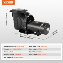 VEVOR Above Ground Pool Pump, 1.5 HP, 100 GPM Single Speed Swimming Pool Pump, 110V/240V 3450 RPM 50.9 ft Max Head Pool Pump with Filter Basket, for Above Ground Pools Hot Tubs Spas,Tested to UL Standards