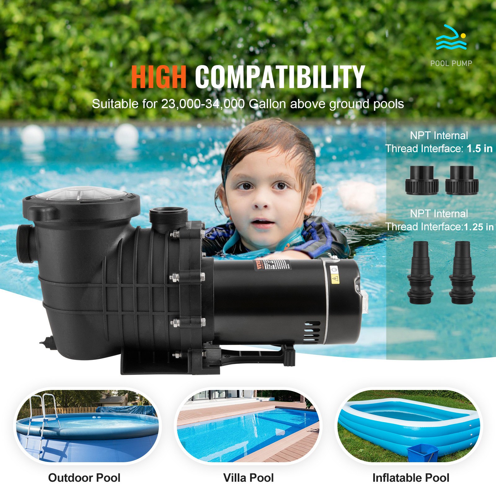 VEVOR Above Ground Pool Pump, 1.5 HP, 100 GPM Single Speed Swimming Pool Pump, 110V/240V 3450 RPM 50.9 ft Max Head Pool Pump with Filter Basket, for Above Ground Pools Hot Tubs Spas
