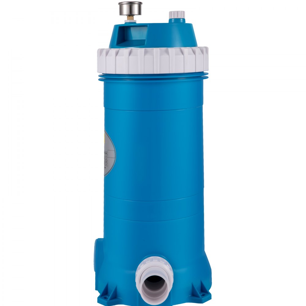 blue VEVOR pool cartridge filter with white top and bottom connectors.
