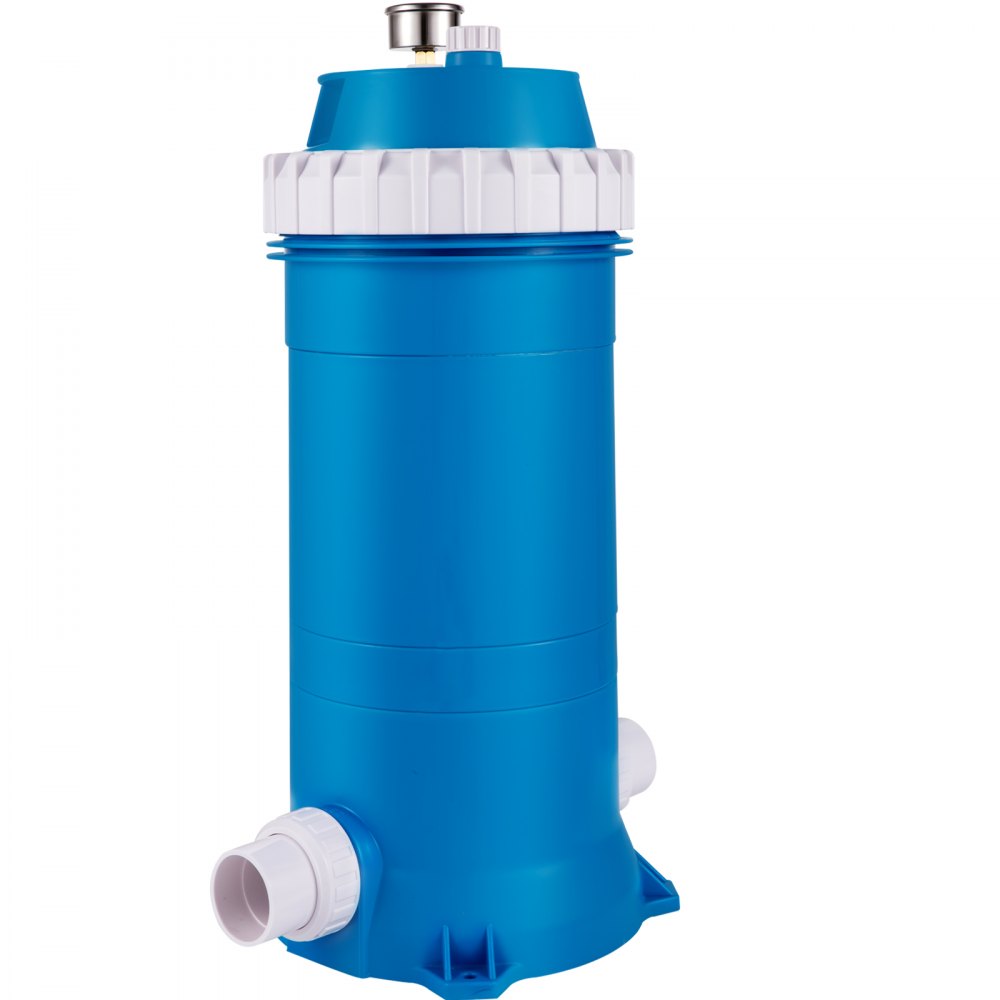 blue VEVOR pool cartridge filter with white fittings and top vent.