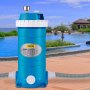 VEVOR pool cartridge filter beside a luxurious swimming pool and lush greenery.
