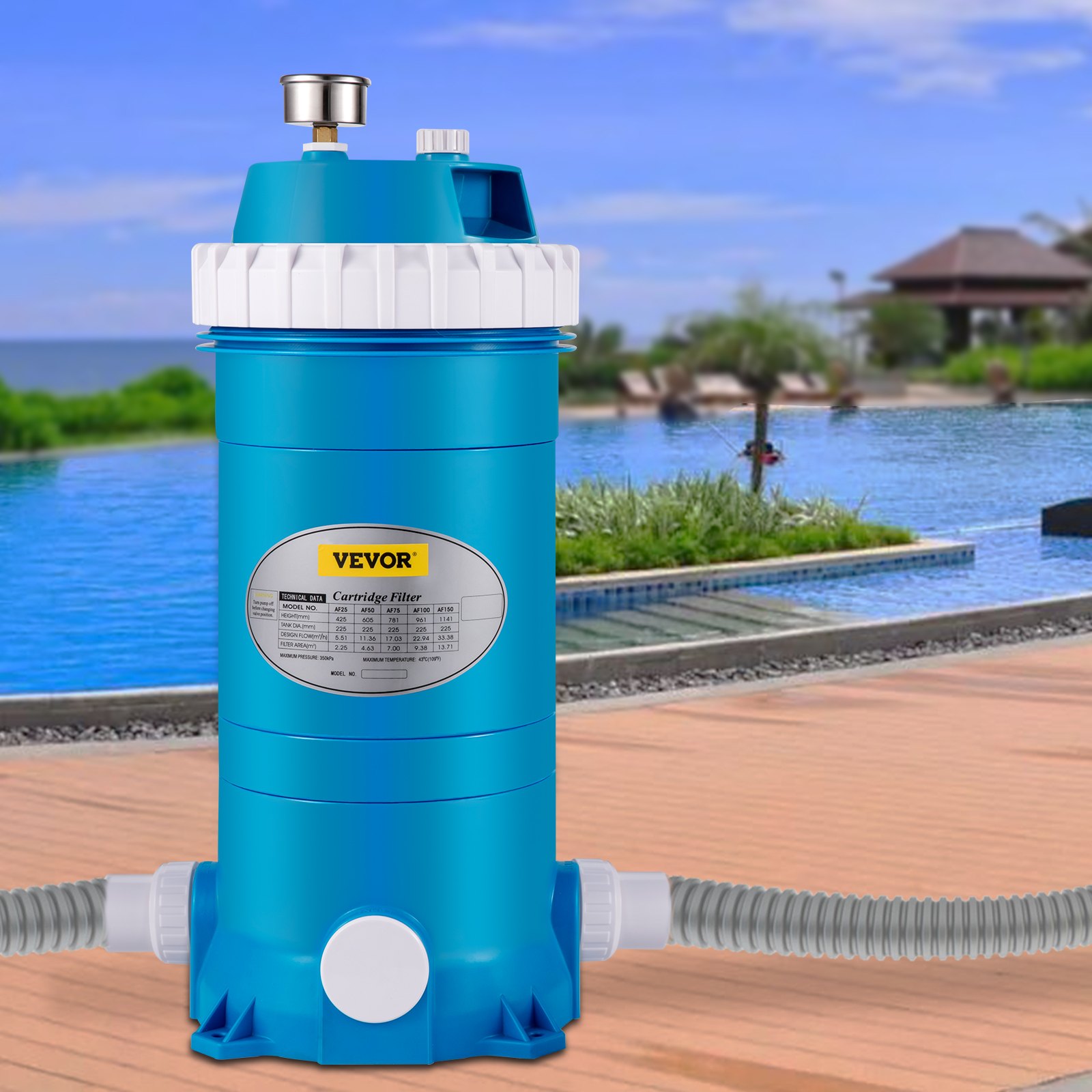 VEVOR pool cartridge filter beside a luxurious swimming pool and lush greenery.