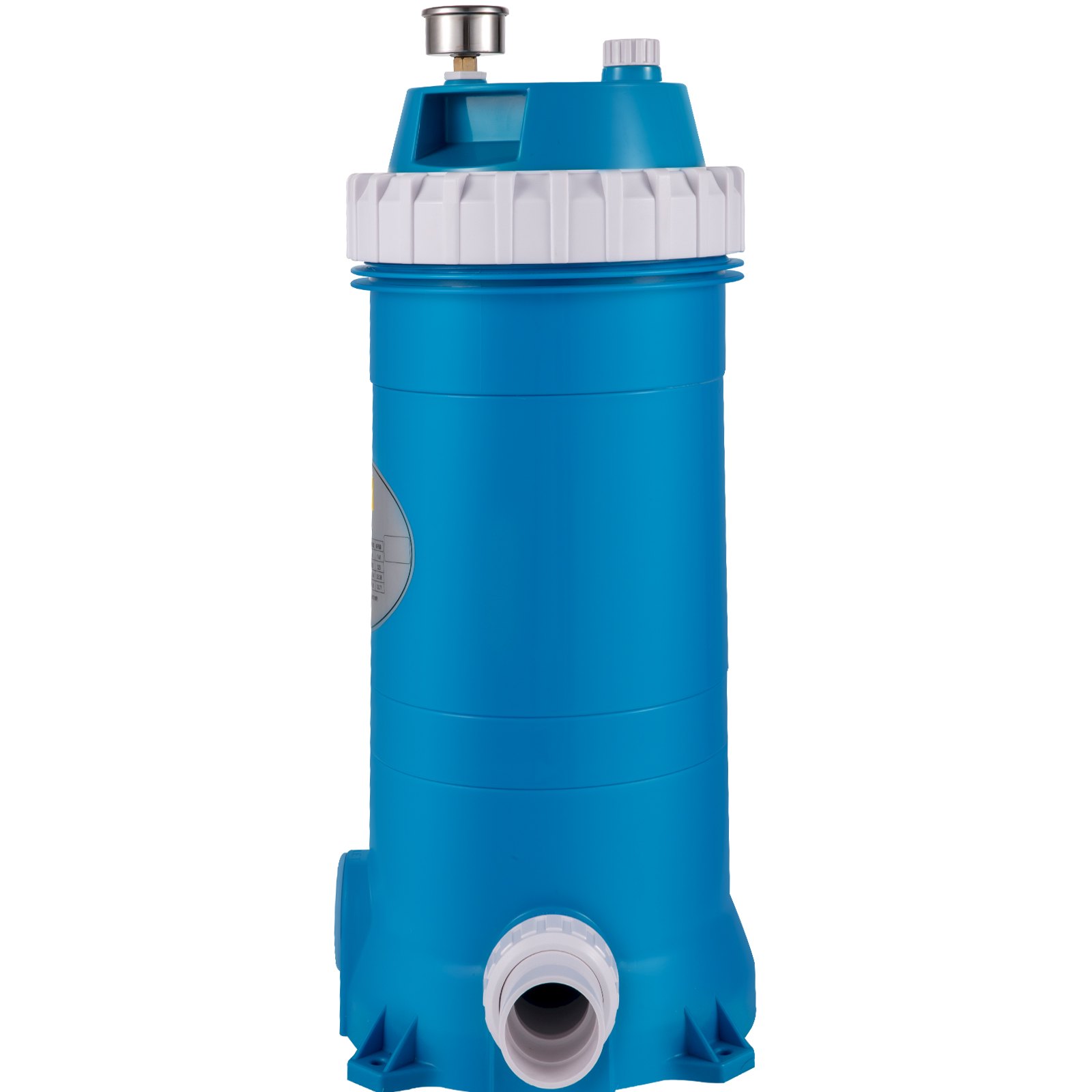blue VEVOR pool cartridge filter with white top and bottom connectors.