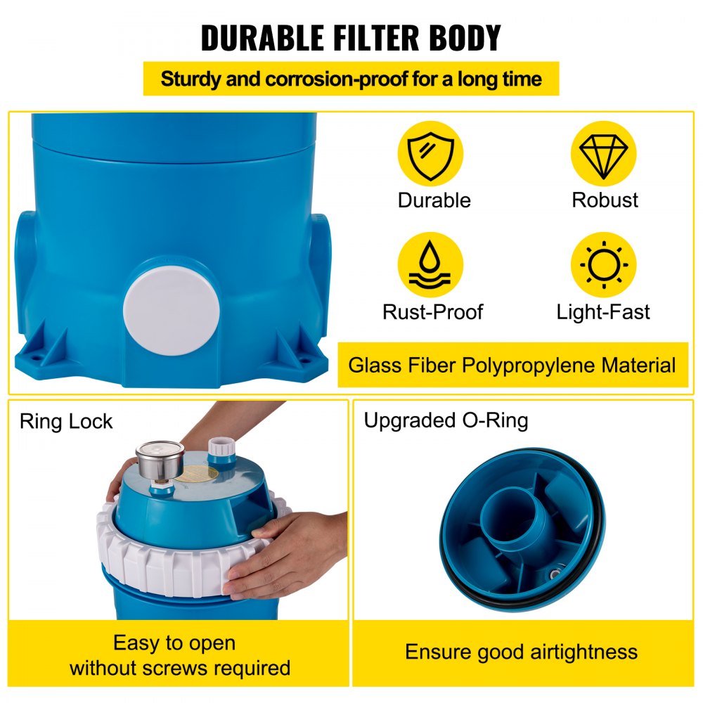 durable VEVOR pool cartridge filter, rust-proof, easy to open, upgraded o-ring.