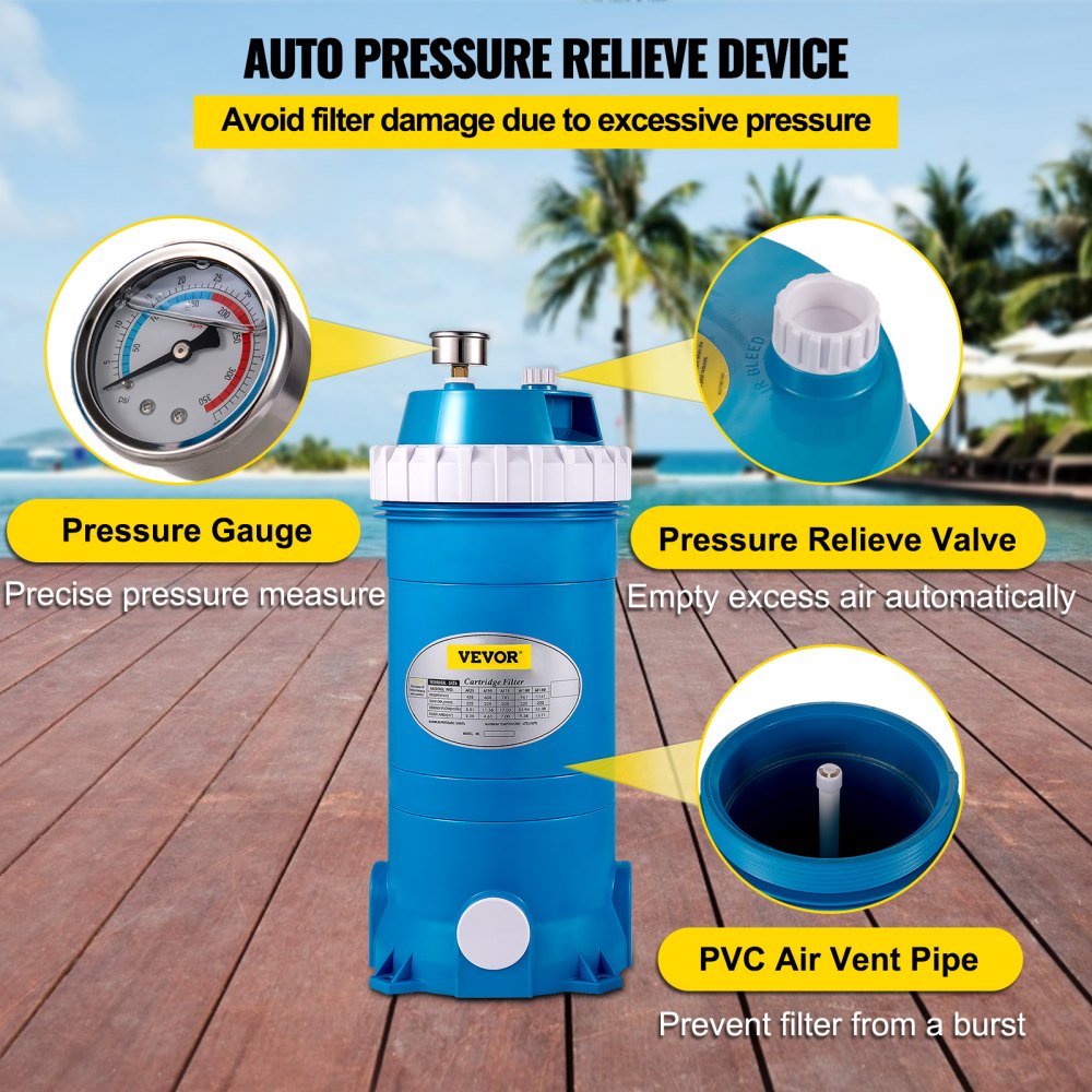 VEVOR pool cartridge filter with pressure gauge, relieve valve, and pvc air vent pipe.
