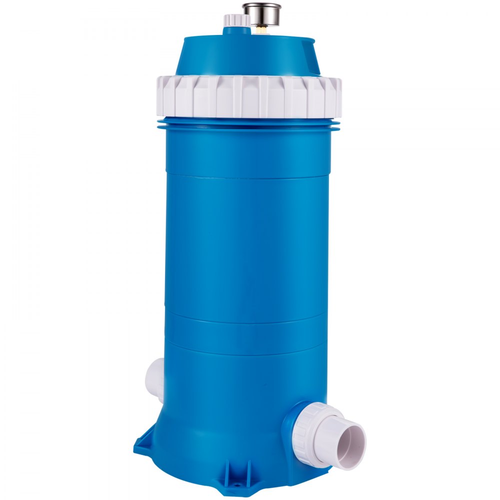 blue VEVOR pool cartridge filter with white fittings and top valve.
