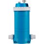 blue VEVOR pool cartridge filter with white fittings and top pressure gauge.