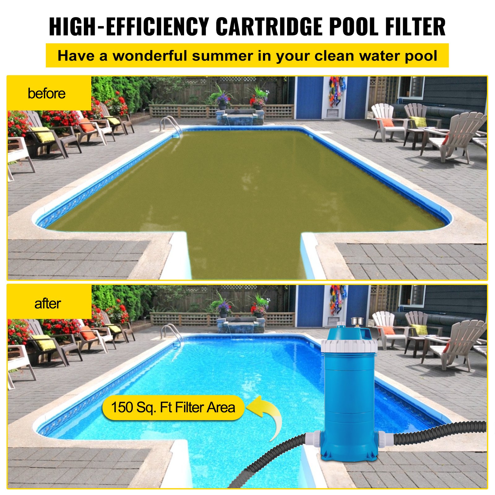 before and after clean water pool using VEVOR pool cartridge filter; blue clean water.