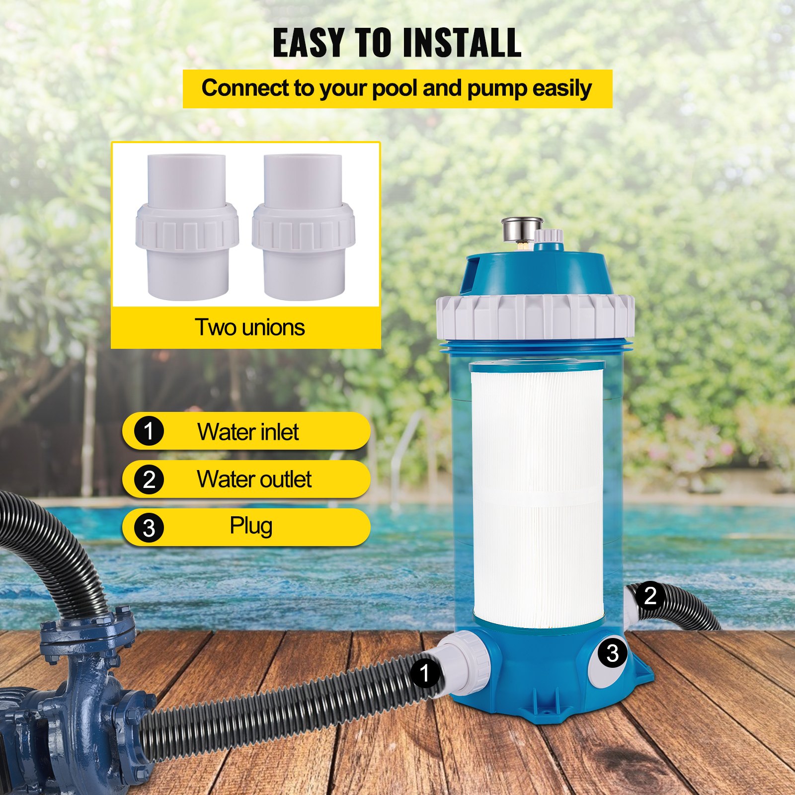 VEVOR pool cartridge filter easy install guide with water inlet, outlet, and plug.